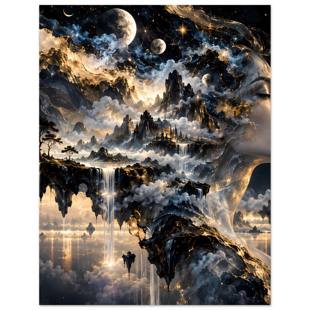 Kunstposter im Hochformat mit Engelsgesicht, Sternen, Mondkörpern und leuchtenden Wolkentürmen