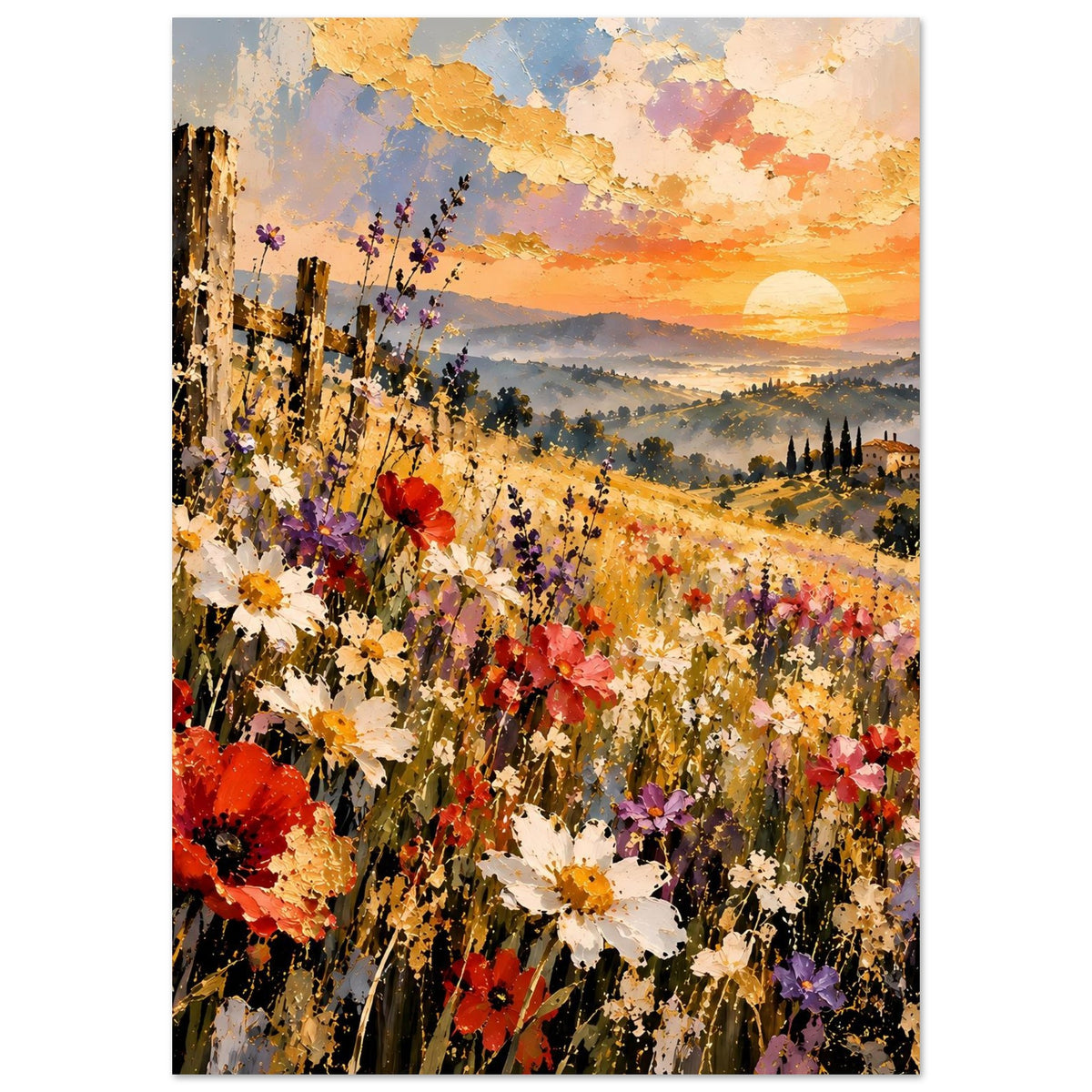 Landschaftsposter mit Sommerwiese, Mohnblumen und goldenem Abendhimmel mit Sonne