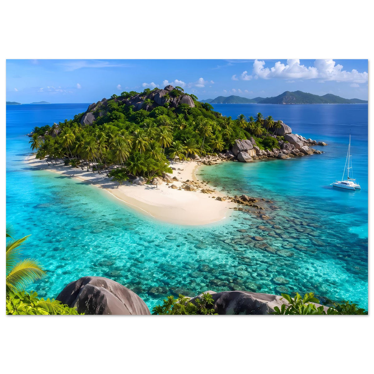 Horizontales Strandposter mit tropischer Insel, türkisfarbenem Meer, Sandstrand, Segelboot