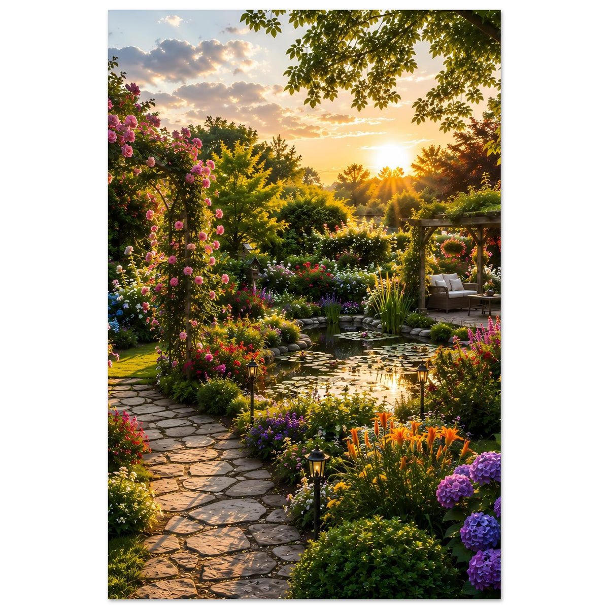 Gartenposter im Hochformat: Kopfsteinweg, Blütenreihen und Laube bei Abendsonne
