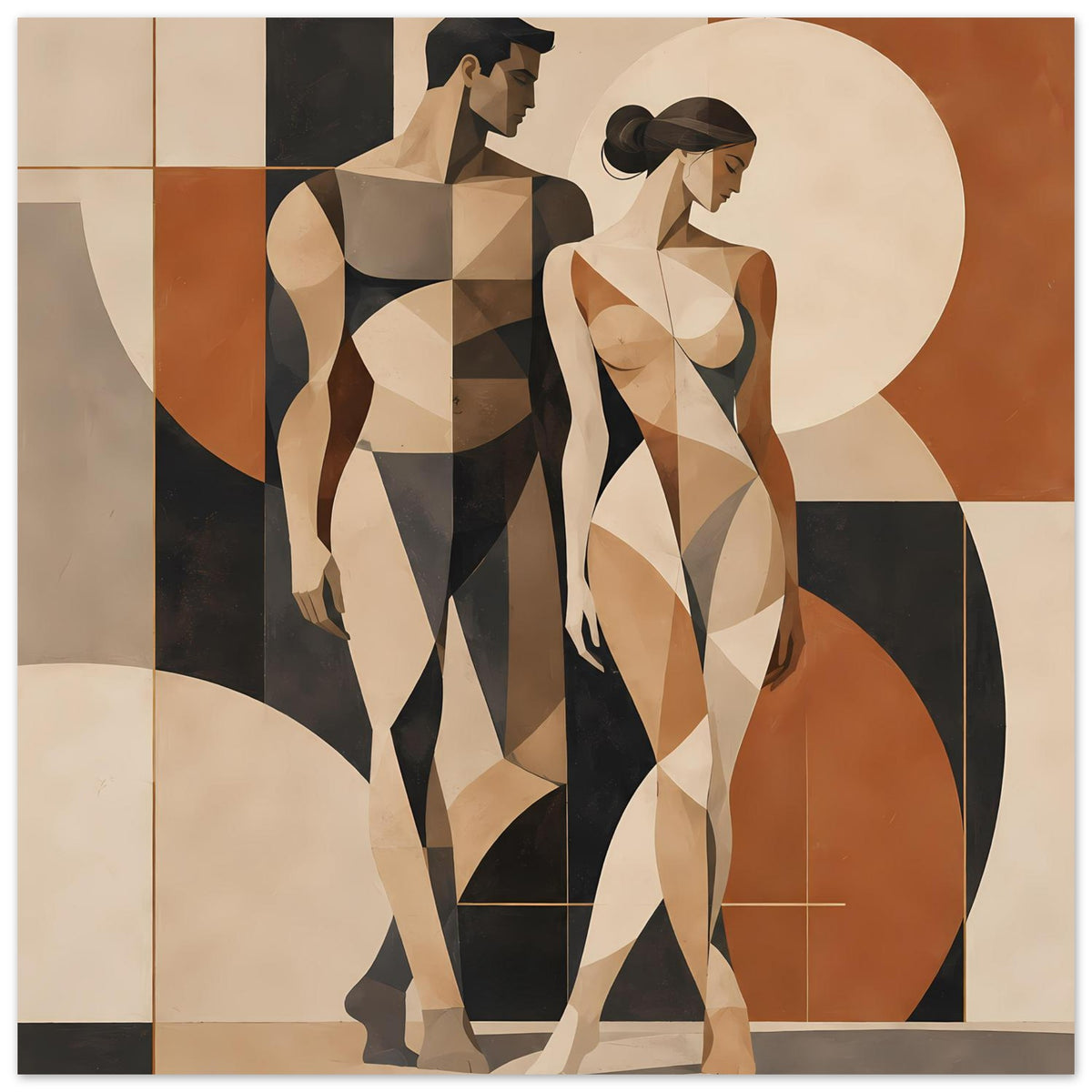 Kunstposter mit geometrischen Aktfiguren eines Paares in Erdtönen, Hochformat