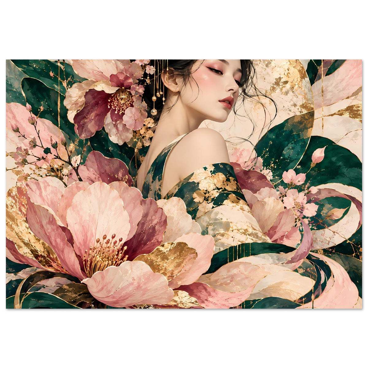 Querformatiges Blumenposter: Frau mit rosafarbenen Blüten, grüne Blätter und goldfarbene Details