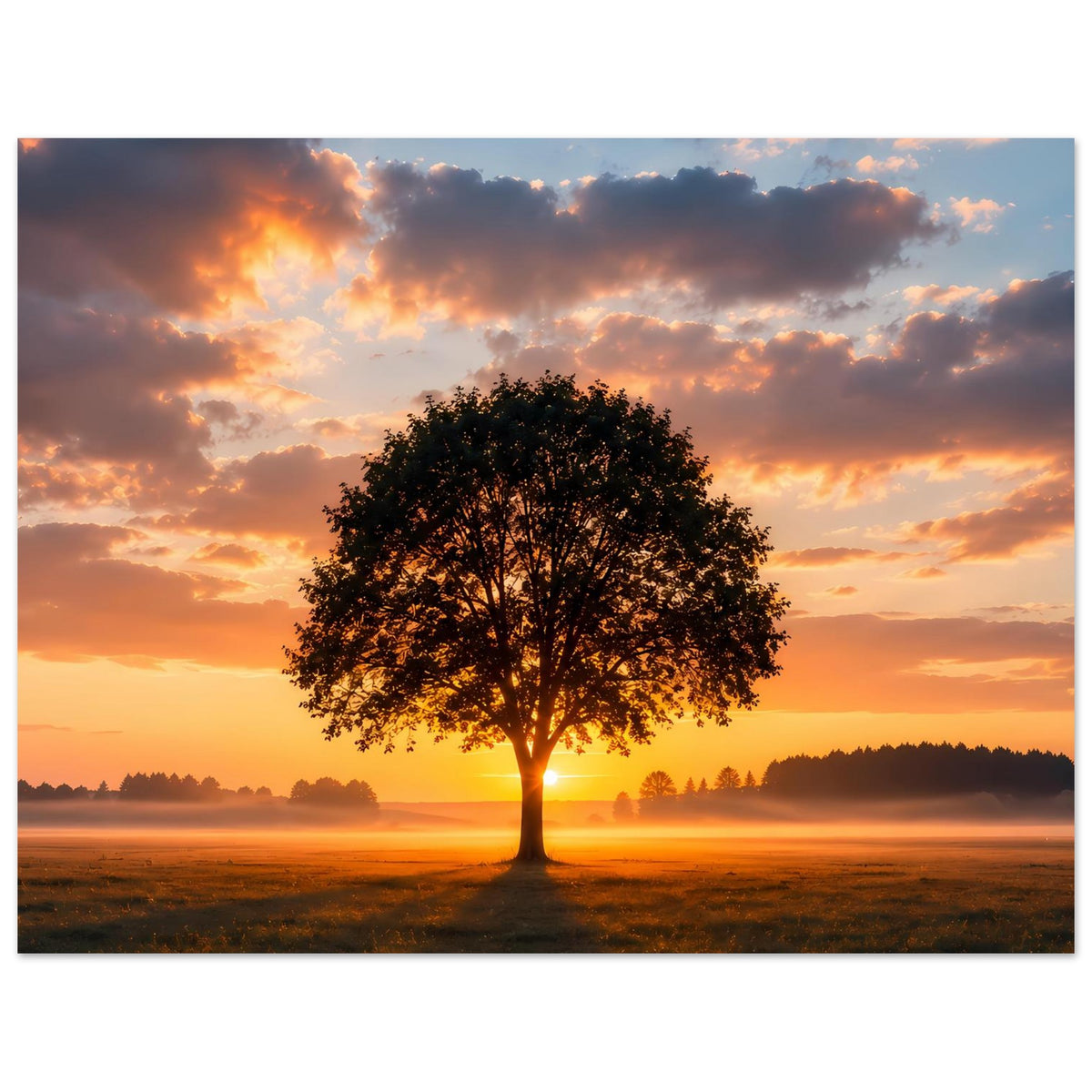 Horizontales Poster mit Baum im Zentrum, Sonnenuntergang und warme Wolken im Hintergrund