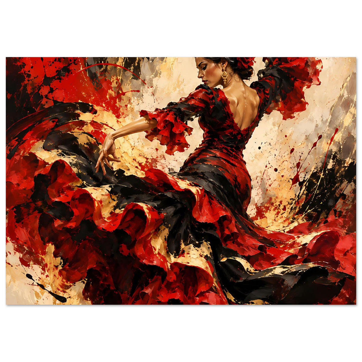 Poster einer Flamenco-Tänzerin im roten und schwarzen Kleid, Blick seitlich, wehender Rock