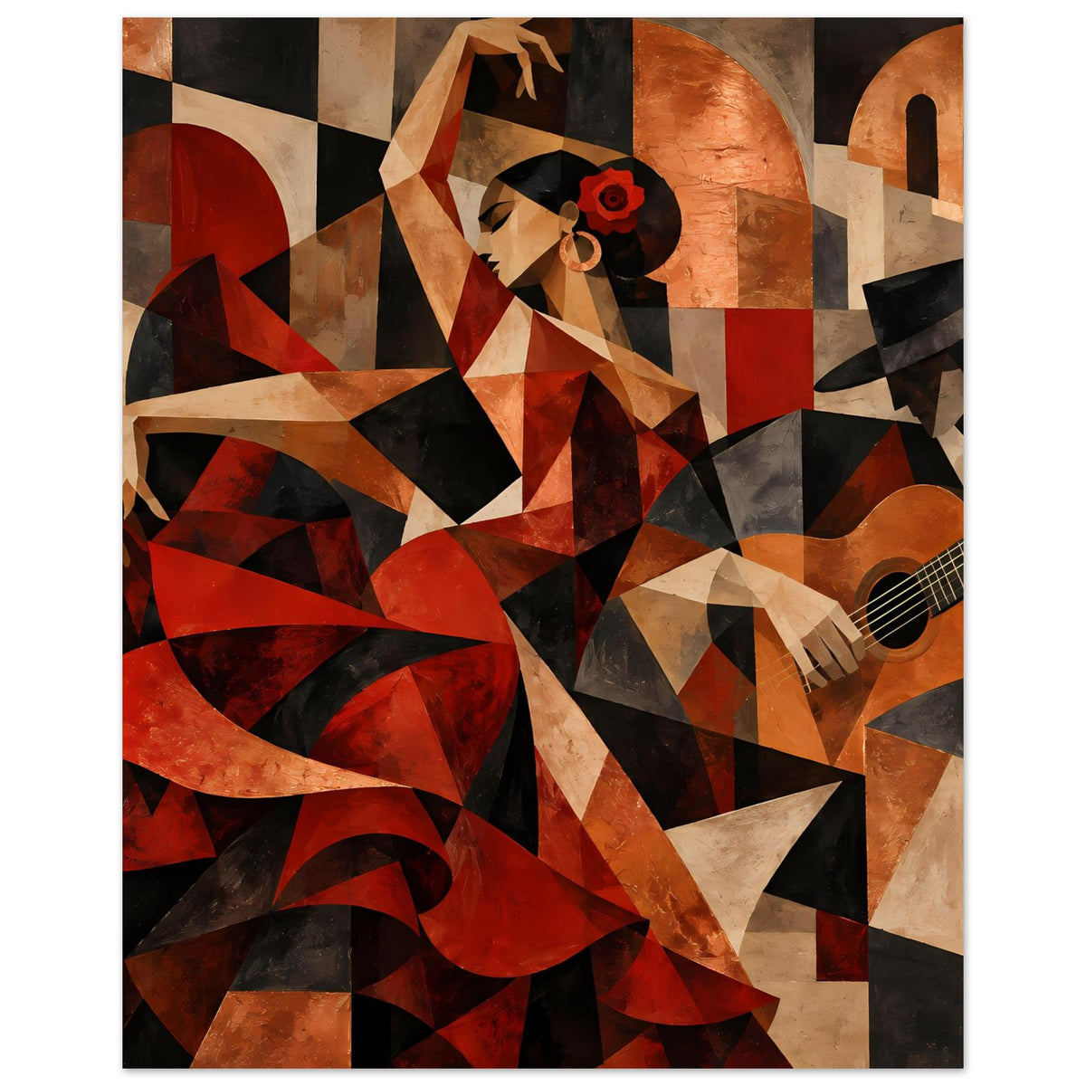 Kunstposter im Hochformat mit Flamenco-Tänzerin und teilweiser Gitarre, rote Akzente