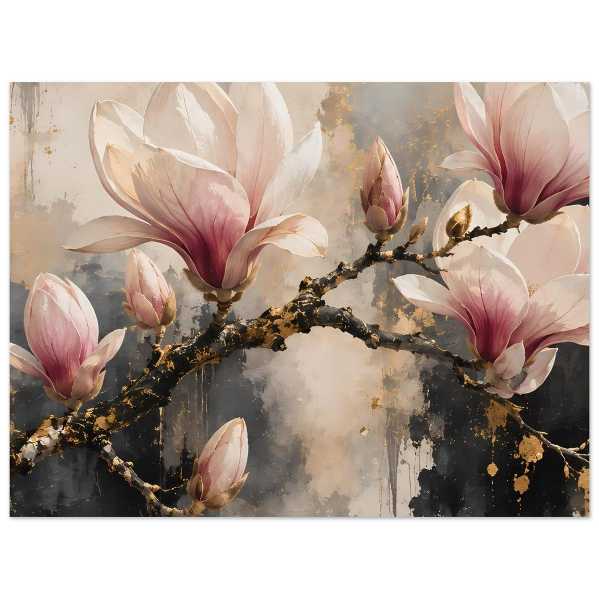 Magnolien-Blütenposter im Querformat: goldene Äste, große rosa-weiße Magnolia-Blüten