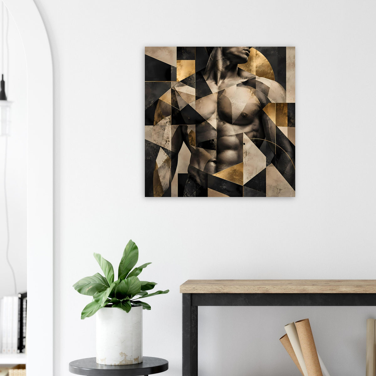 Gerahmtes abstraktes Akt-Poster mit geometrischen Rechtecken und Goldbogen in Schwarz und Beige