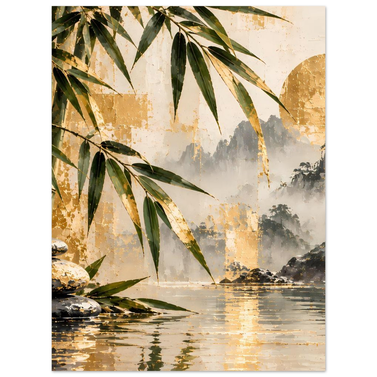 Wandposter im Hochformat mit Bambusblättern, Wasserfall im Nebel, goldene Uferreflexe