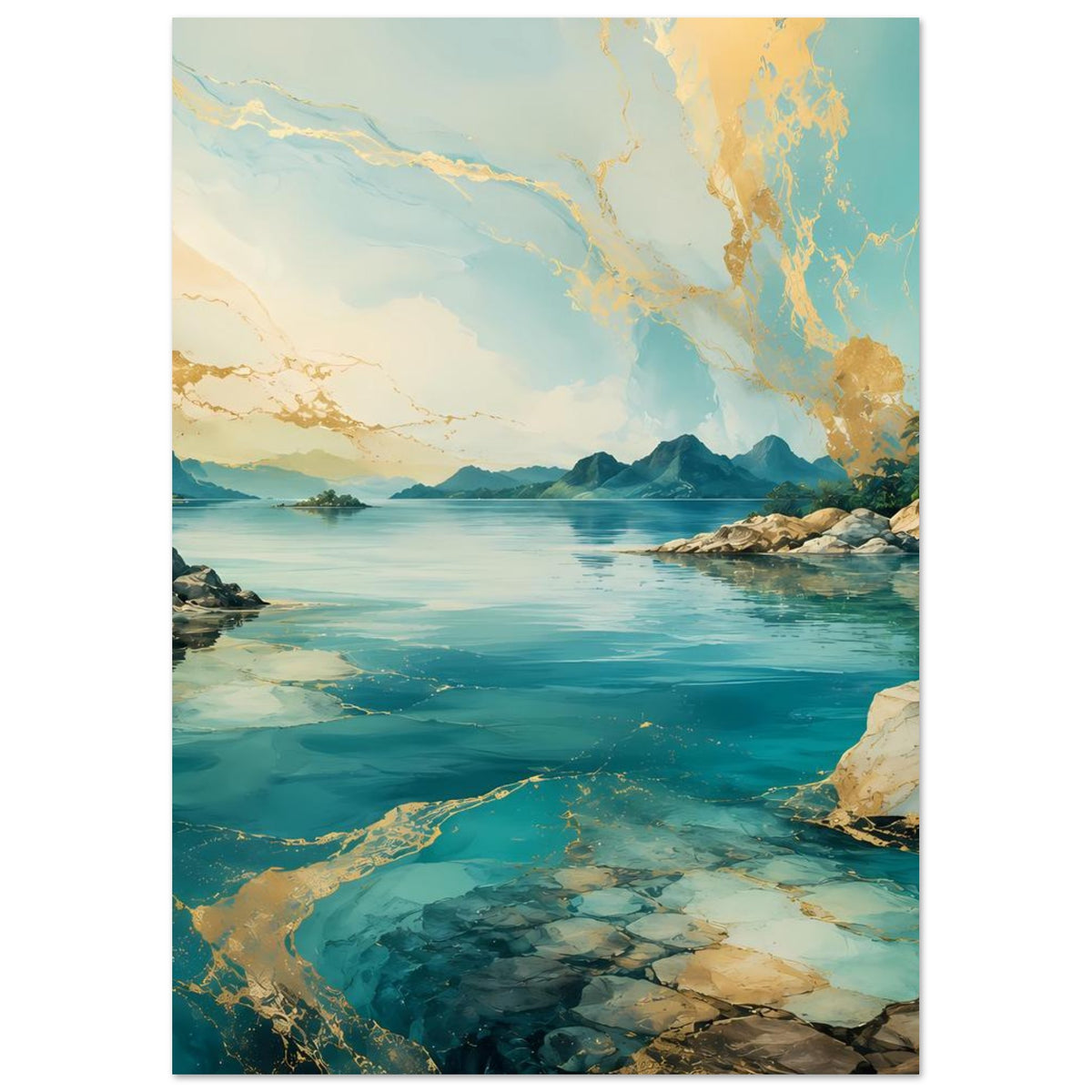 Küstenposter im Hochformat mit türkisem Wasser, steinigem Ufer, Bergen und Lichtstrahlen