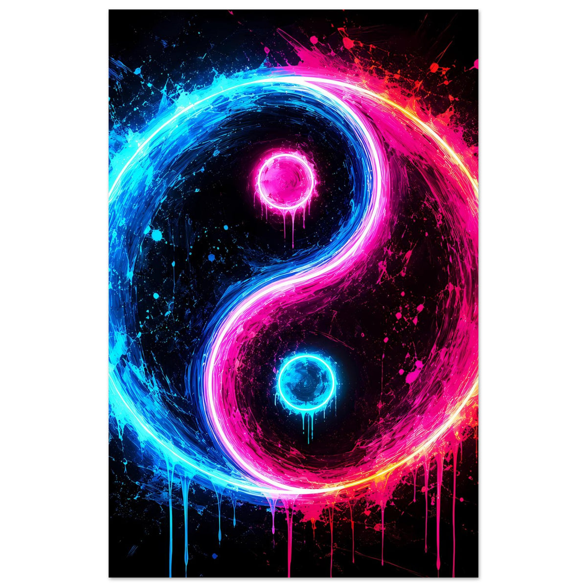 Neon-Yin-Yang-Poster im Hochformat: Blau-Pink-Ringe, leuchtende Punkte im Zentrum.