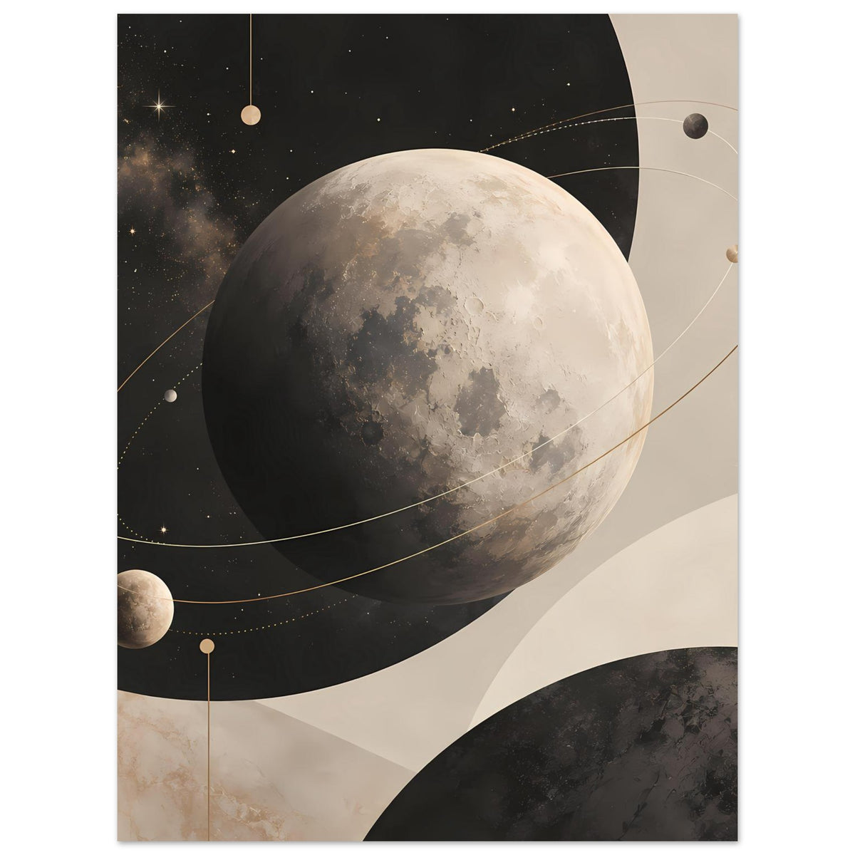 Poster mit großem Mond und Sternenhimmel, goldene Bahnen und kleine Planeten in Erdtönen