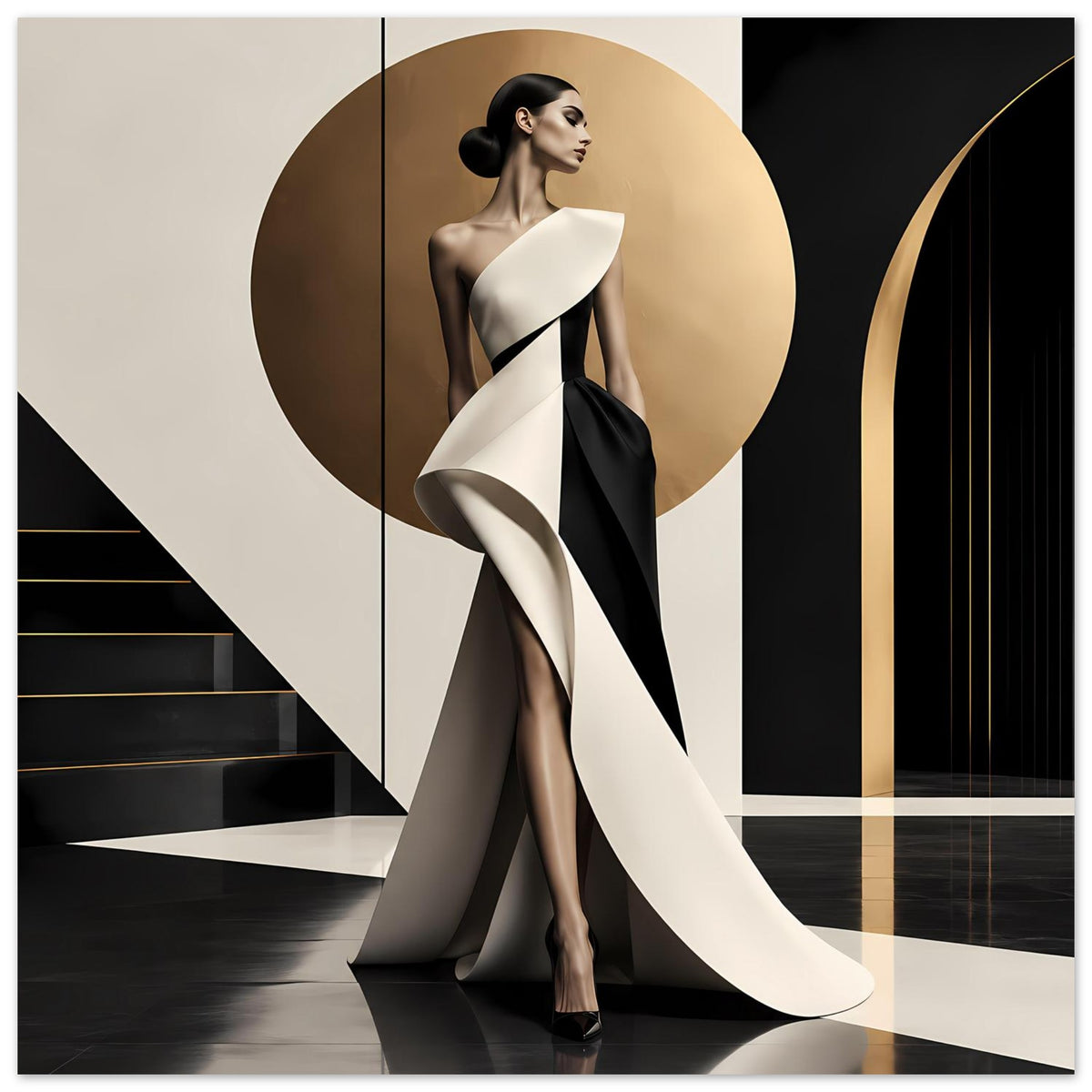 Fashion-Poster mit Frau im Schwarz-Weiß-Look vor geometrischen Formen
