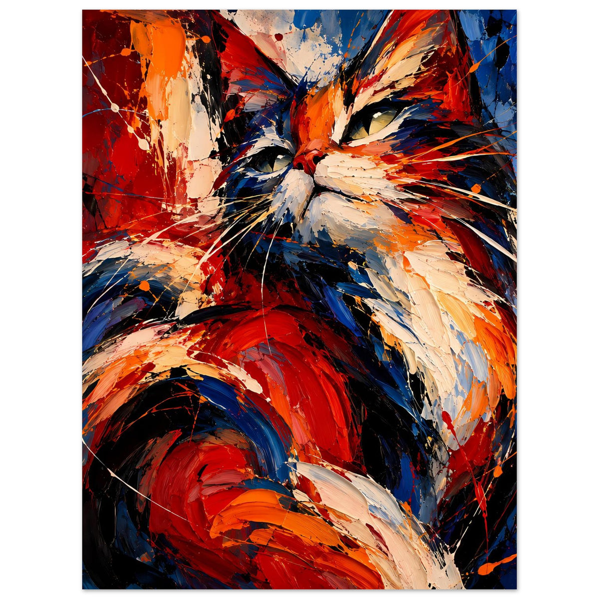 Hochkant-Poster: abstraktes Katzenmotiv mit Rot-, Blau- und Orangeflächen, weiß gesprenkelt