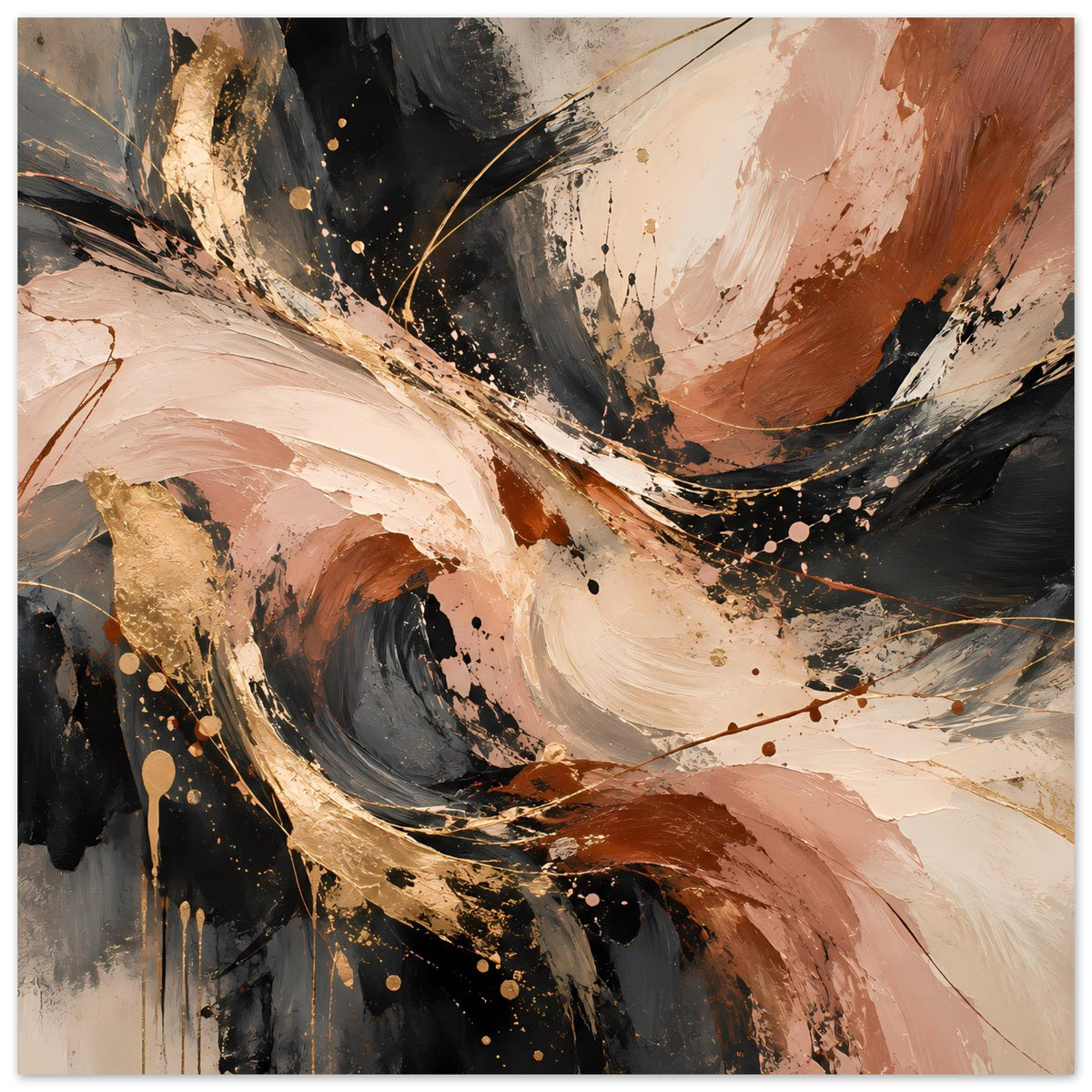 Abstraktes Kunstposter im Querformat mit Pinselwirbeln in Beige, Braun, Schwarz und Goldsprenkeln