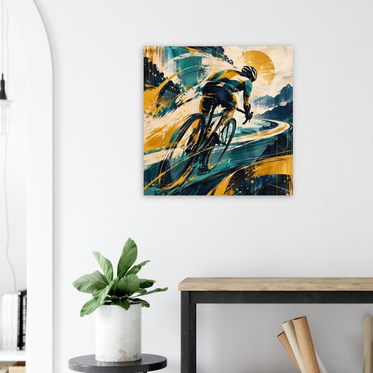 Quadratisches Sportposter mit Radfahrer-Illustration, Blau, Gelb und dunkle Linien