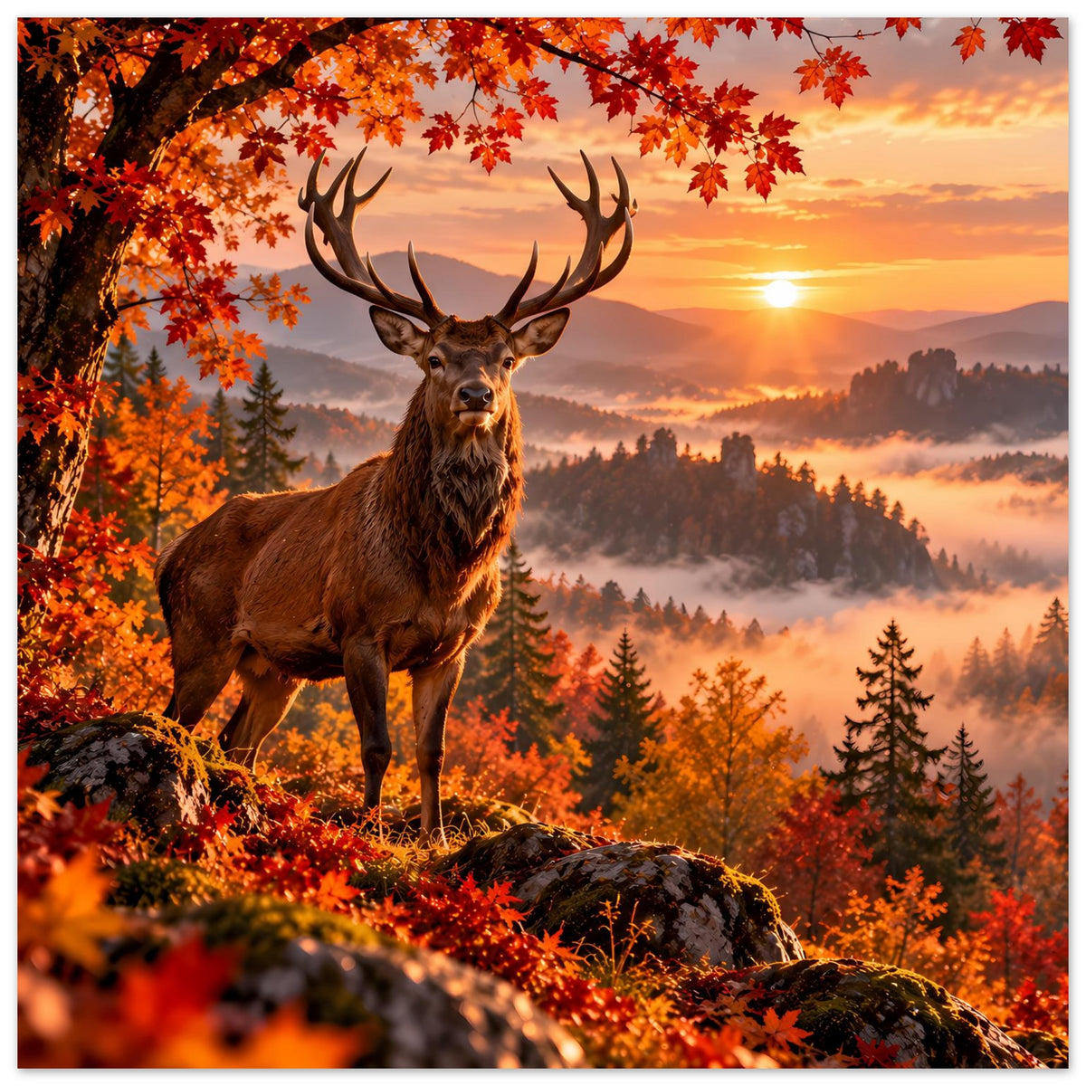 Herbstliches Hirsch-Poster: brauner Hirsch auf Fels, orange Laubkrone und sonniger Horizont