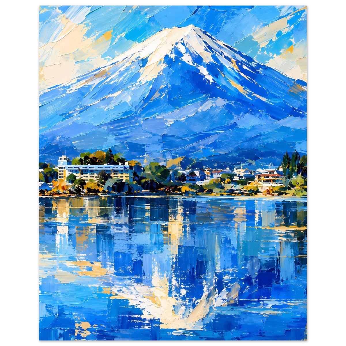 Berglandschaftsposter mit blauem Berg und See-Reflexion, Häuser und Bäume am Ufer, weiß umrandet.