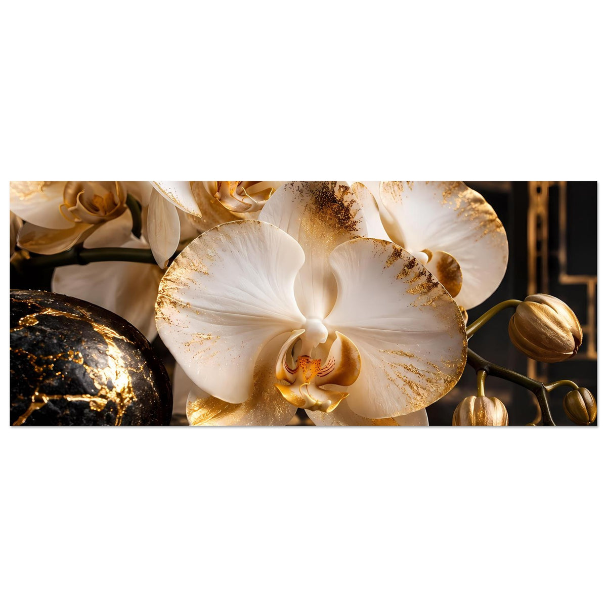 Orchideen-Poster im Querformat: weiße Orchideenblüten mit goldenen Rändern und Dekokugeln