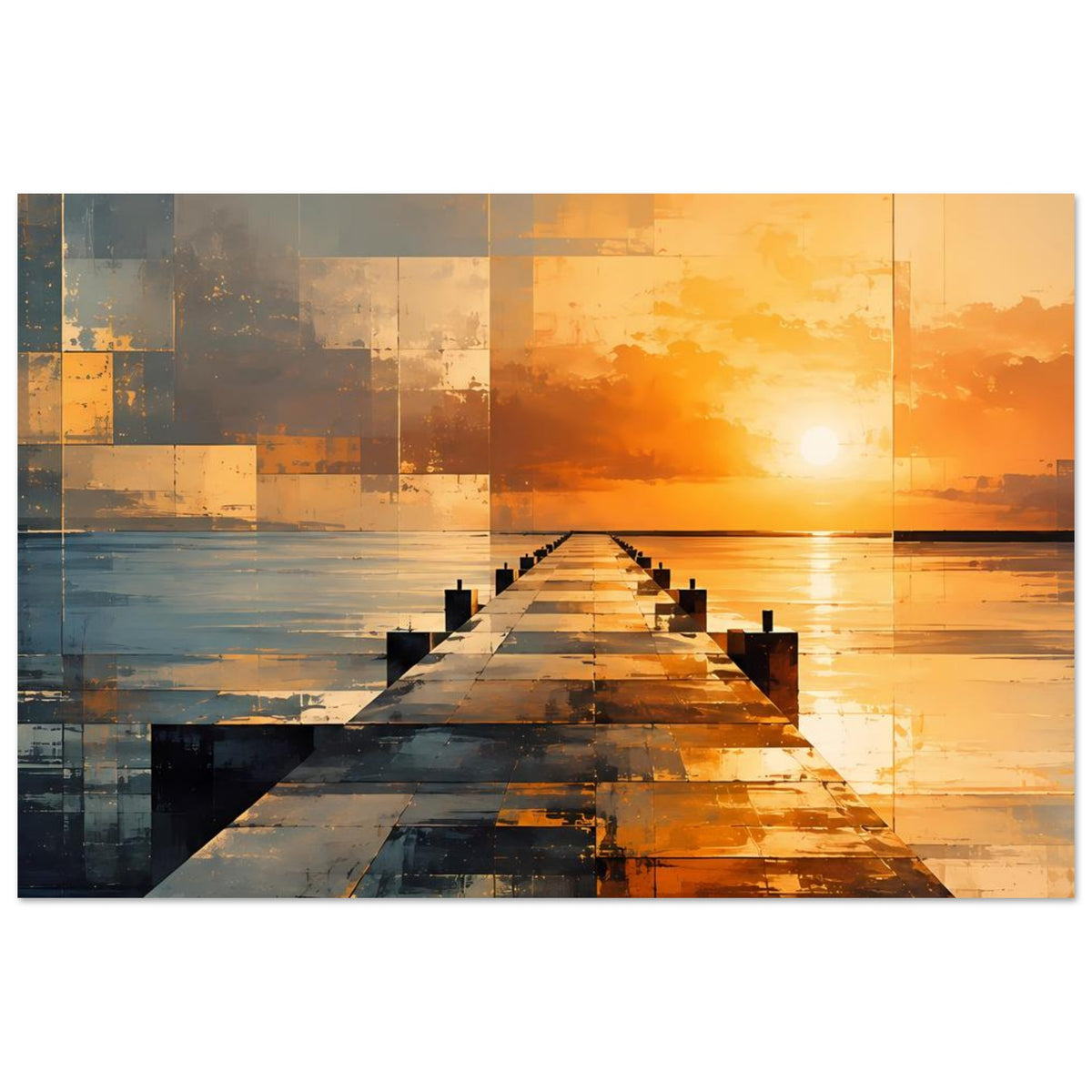 Wandposter mit abstrakter Pier-Ansicht, Sonnenuntergangshimmel und geometrische Flächen in Orange