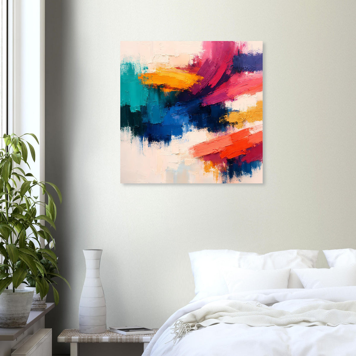 Abstraktes Expressionismus-Poster, mittig an der Wand: Blau-Pink-Orange Farbflächen
