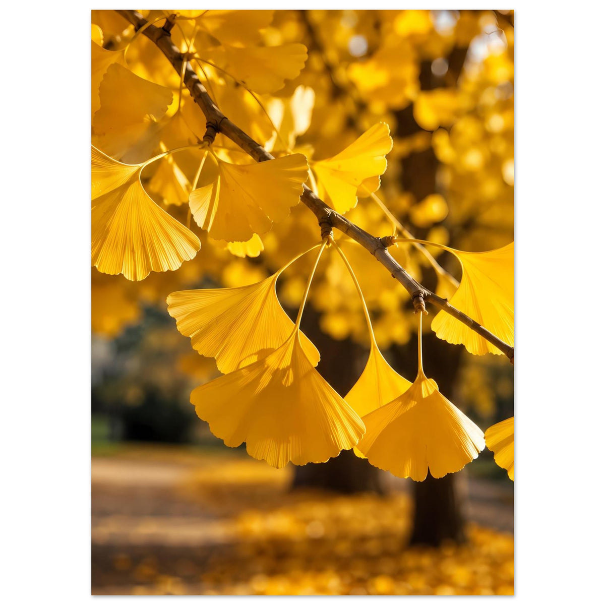 Poster mit goldenen Ginkgo-Blättern am Ast, weiche Unschärfe im Hintergrund
