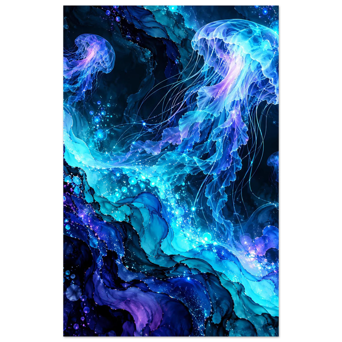 Leuchtendes Quallen-Poster, vertikales Unterwasser-Design mit blauen Quallen und Lichtbläschen