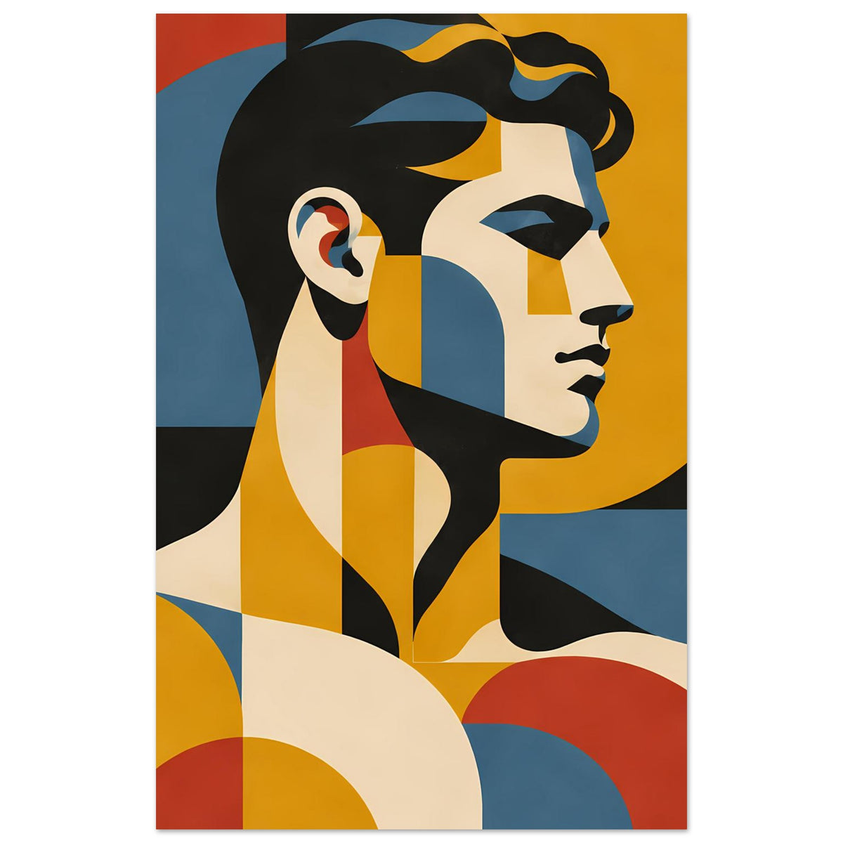 Geometrisches Portrait-Poster: Frauenprofil mit Kreis- und Rechteckmustern in kräftigen Farben