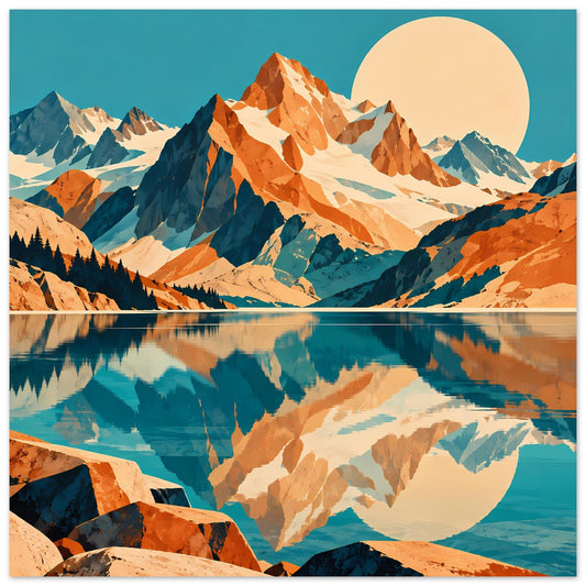 Naturposter mit Berglandschaft und See-Spiegelung, blau-orange, rundes Mondmotiv am Himmel