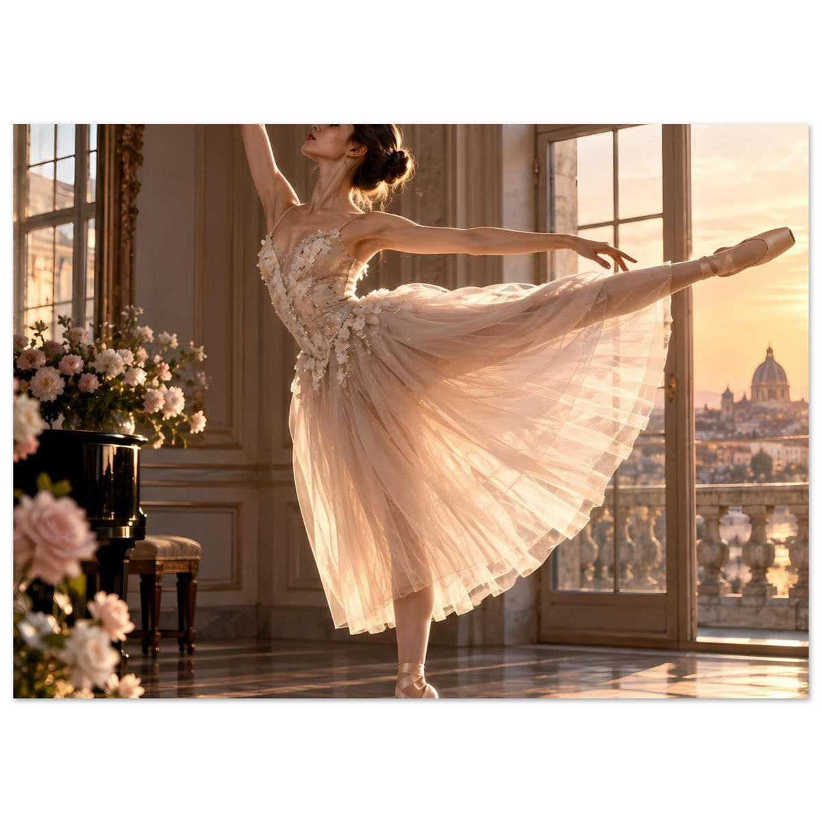 Poster mit Ballerina im weißen Spitzentutu, Arme nach oben, Pose auf der Fußspitze
