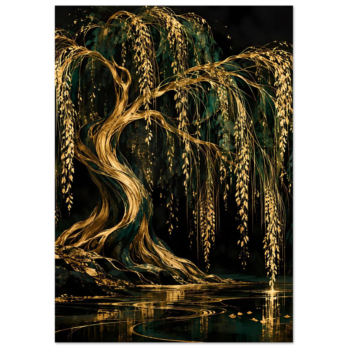 Wandposter mit goldener, gewundener Weide im Wald und Reflexion auf dunkler Wasserfläche