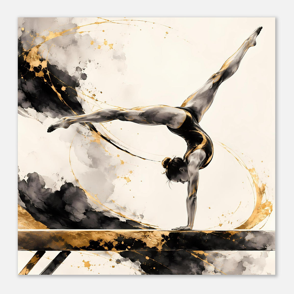 Gymnastikposter mit Turnerin in Schwarz und Gold, nahansicht mit goldener Sprenkeloptik unten