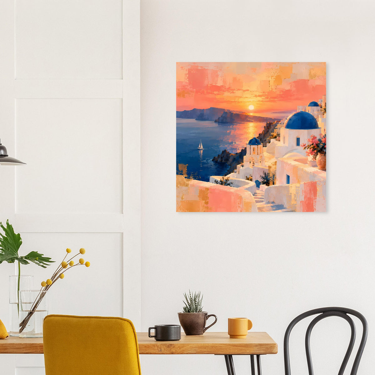 Quadratisches Poster mit Küstenhäusern, blauer Kuppel und warmem Licht beim Sonnenuntergang