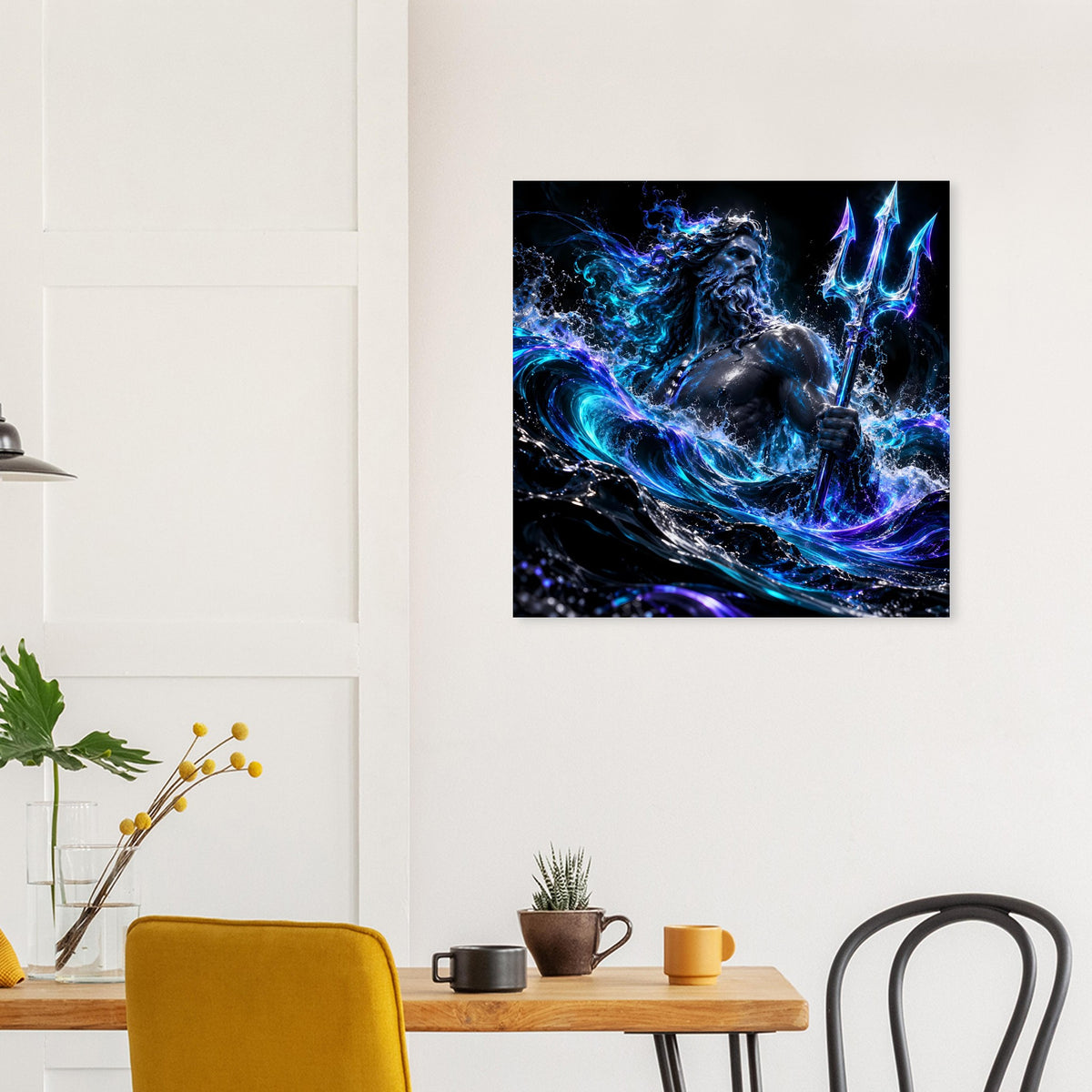 Quadratisches Poster mit Poseidon-Figur, blau-violette Energie und Dreizack