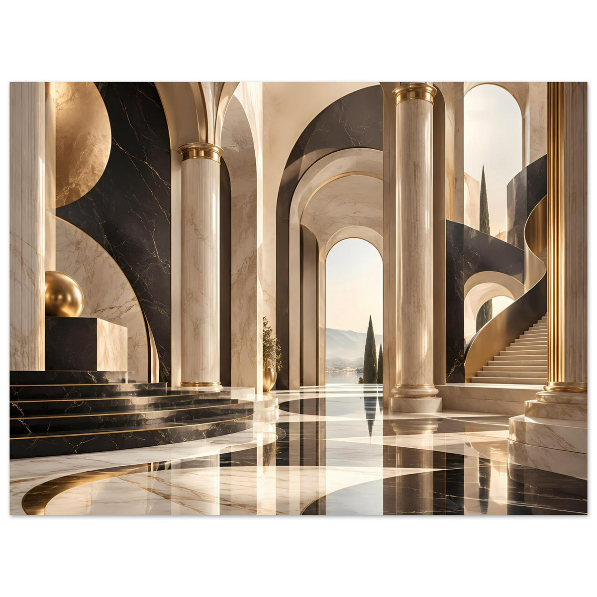 Horizontales Poster mit Arkaden aus goldenen Säulen und schwarzem Marmordetail am Boden