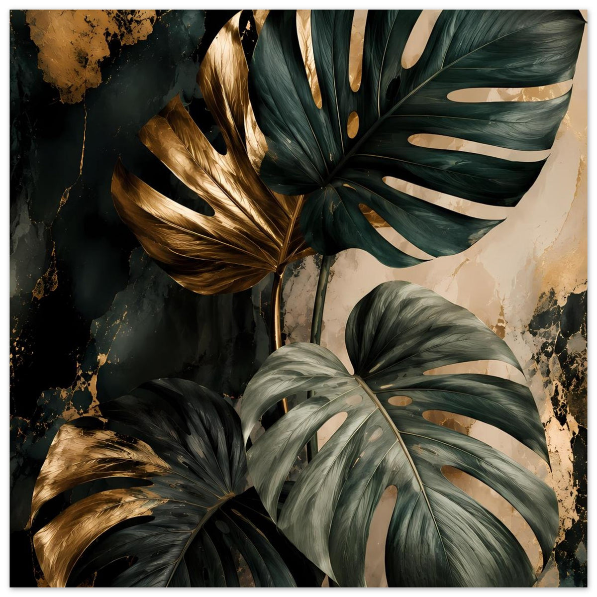 Monstera-Blätter-Poster: dunkelgrüne Blätter mit goldenen Akzenten, dichtes Motiv