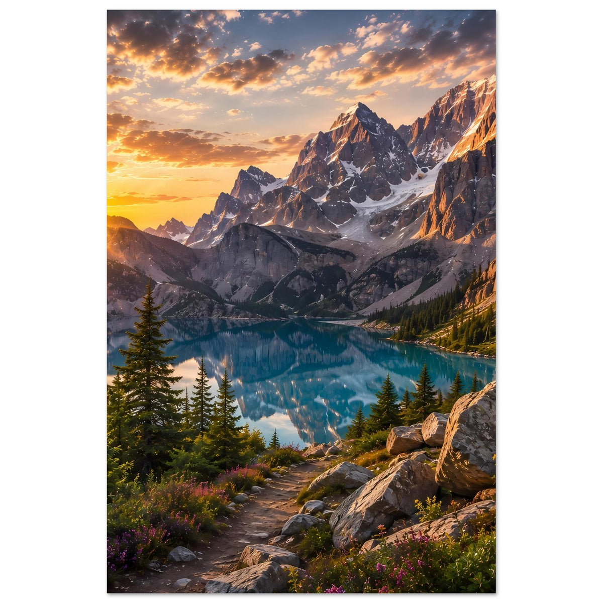 Hochformatiges Wandposter mit Bergsee bei Sonnenaufgang und steilen Felswänden