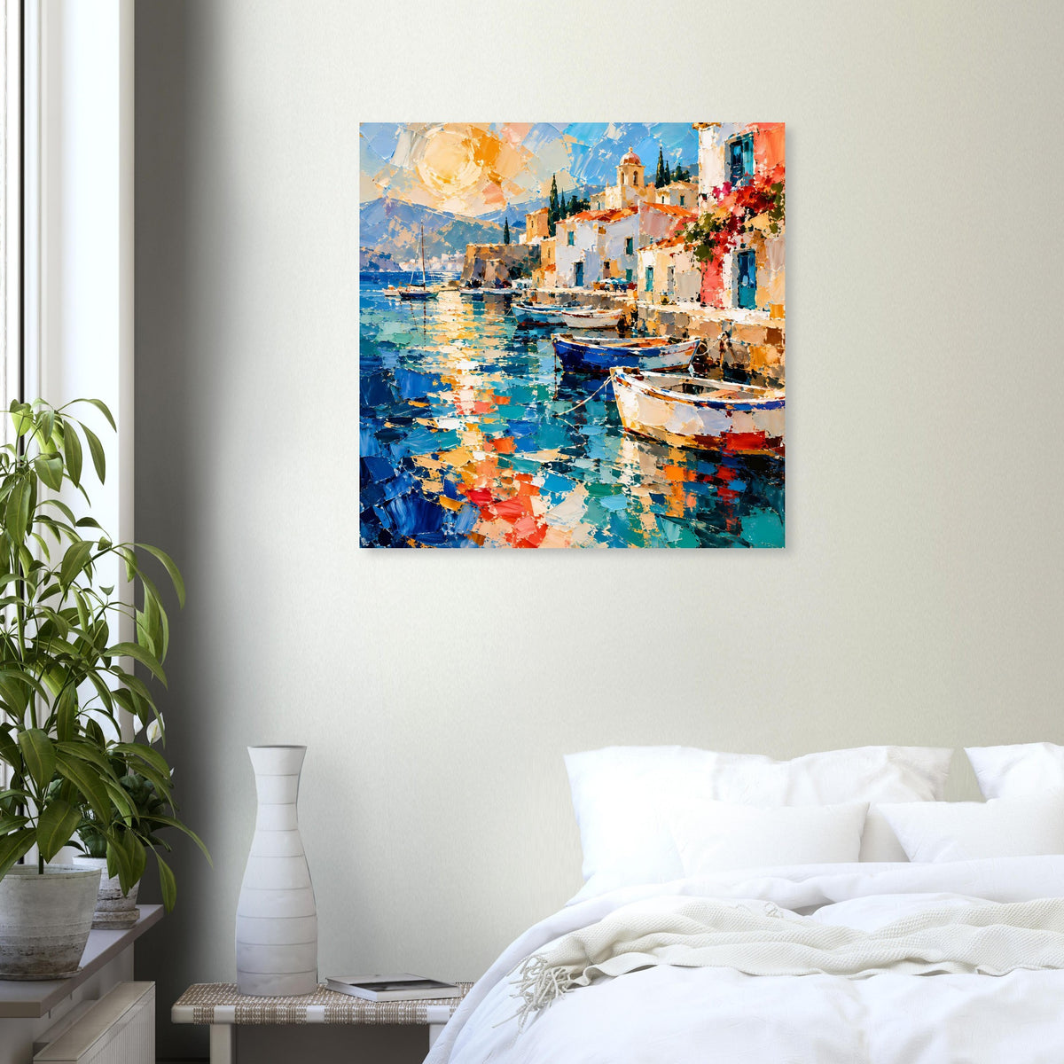 Bunte Fischerboote auf blauem Wasser im mediterranen Hafen – Posteransicht 48