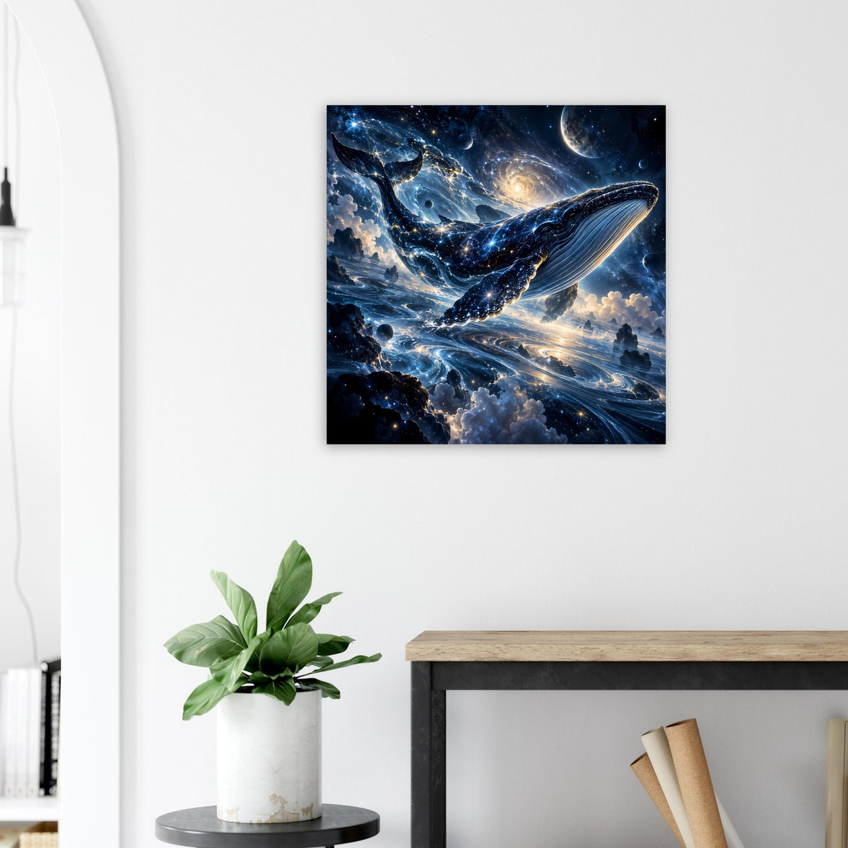 Fantasy-Poster mit Walmotiv im Sternenmeer, blau leuchtende Pfade und Wolken im All