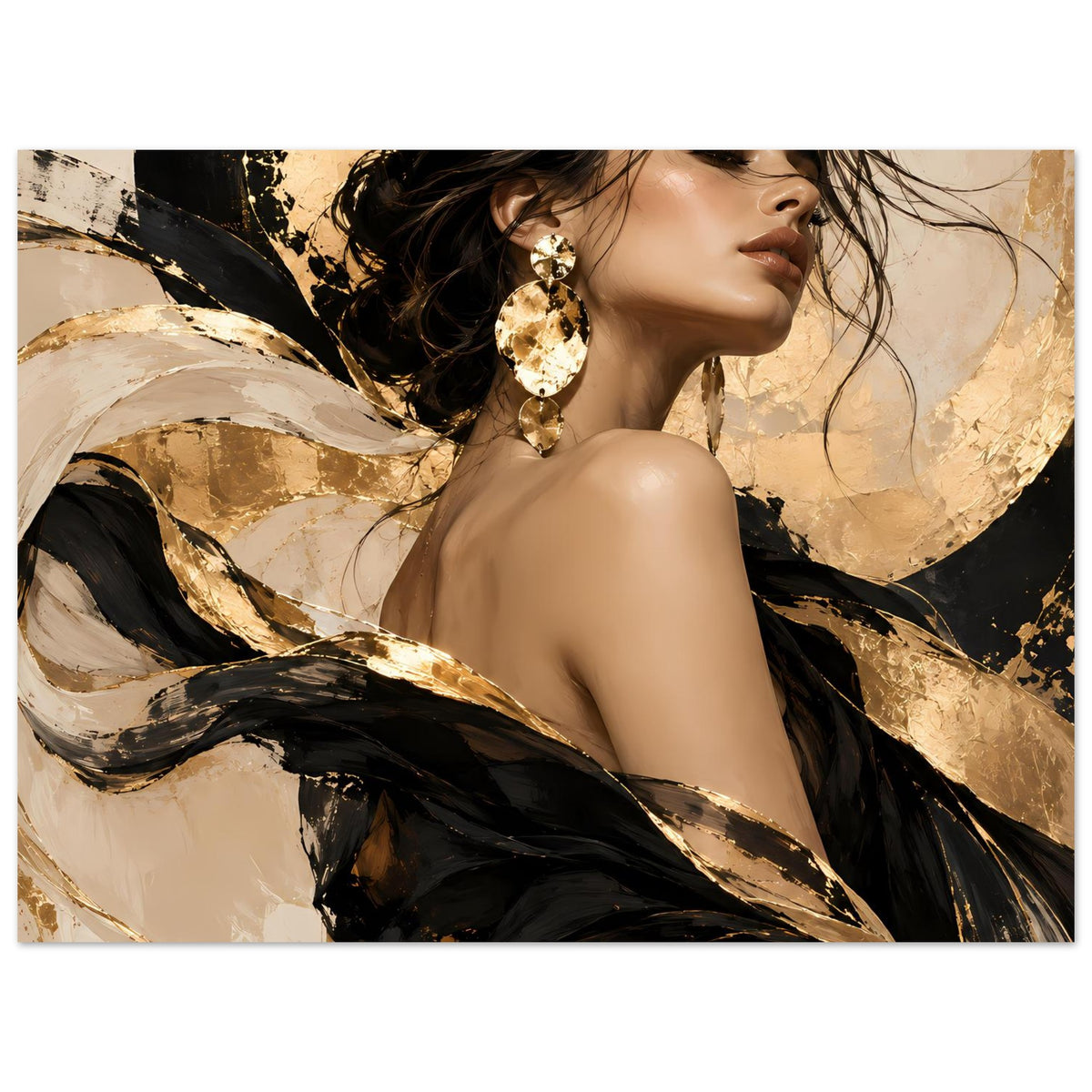 Portraitposter im Querformat, Frau mit goldenen Ohrringen, schwarze und goldene Pinselstriche, Schulteransicht