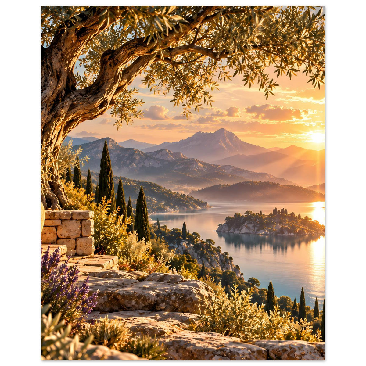 Hochformat-Poster mit warmem Sonnenuntergang, Olivenzweigen, Bergen und ruhigem See