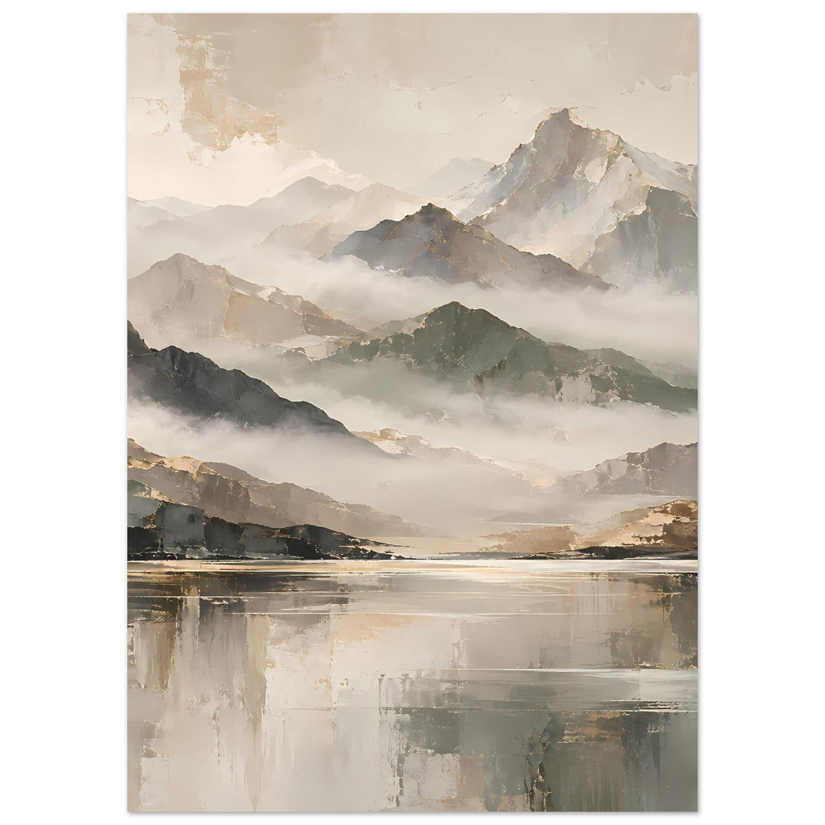 Naturposter mit weichen Nebelschwaden über Bergen und spiegelndem Wasser, Beige-Gold