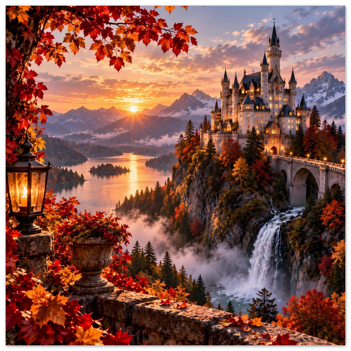 Querformat-Herbstposter: Schloss mit Lichterfenstern, Wasserfall, See, Laterne und Herbstlaub