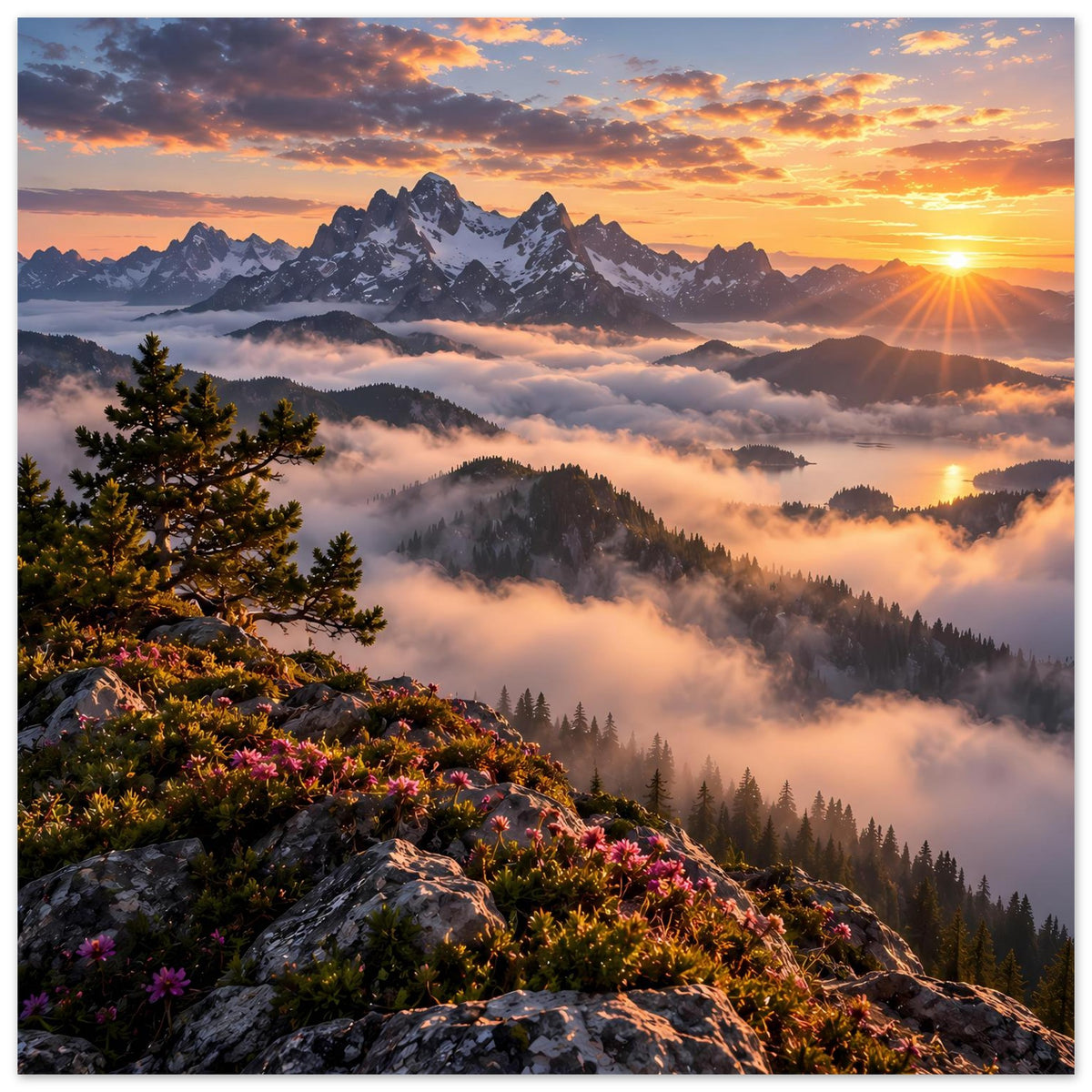 Vertikales Poster mit dramatischem Himmel, Bergsilhouette, Nebelmeer und Blüten am Fels