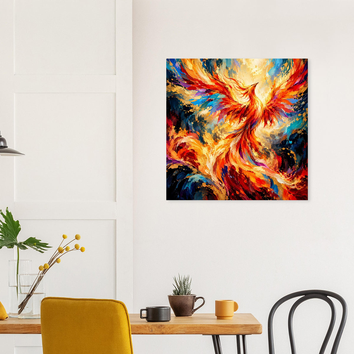 Poster mit leuchtendem Phönix-Motiv in leuchtenden Orange-, Blau- und Gelbtönen