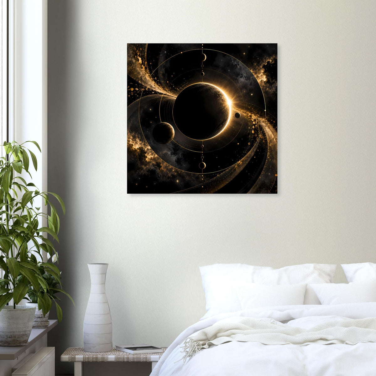 Quadratisches Poster mit schwarzem Himmelskörper, goldener Lichtspur und Kreisringen