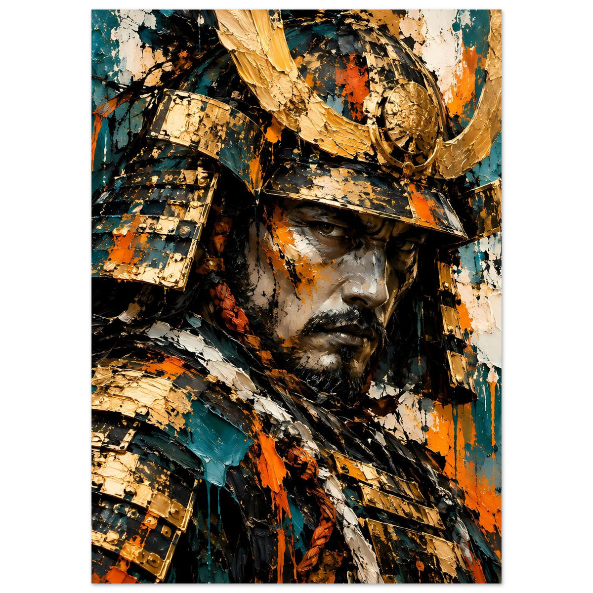 Samurai-Krieger Poster, Gesicht mit dunklem Bart, goldene Rüstung und Teal-Sprenkel