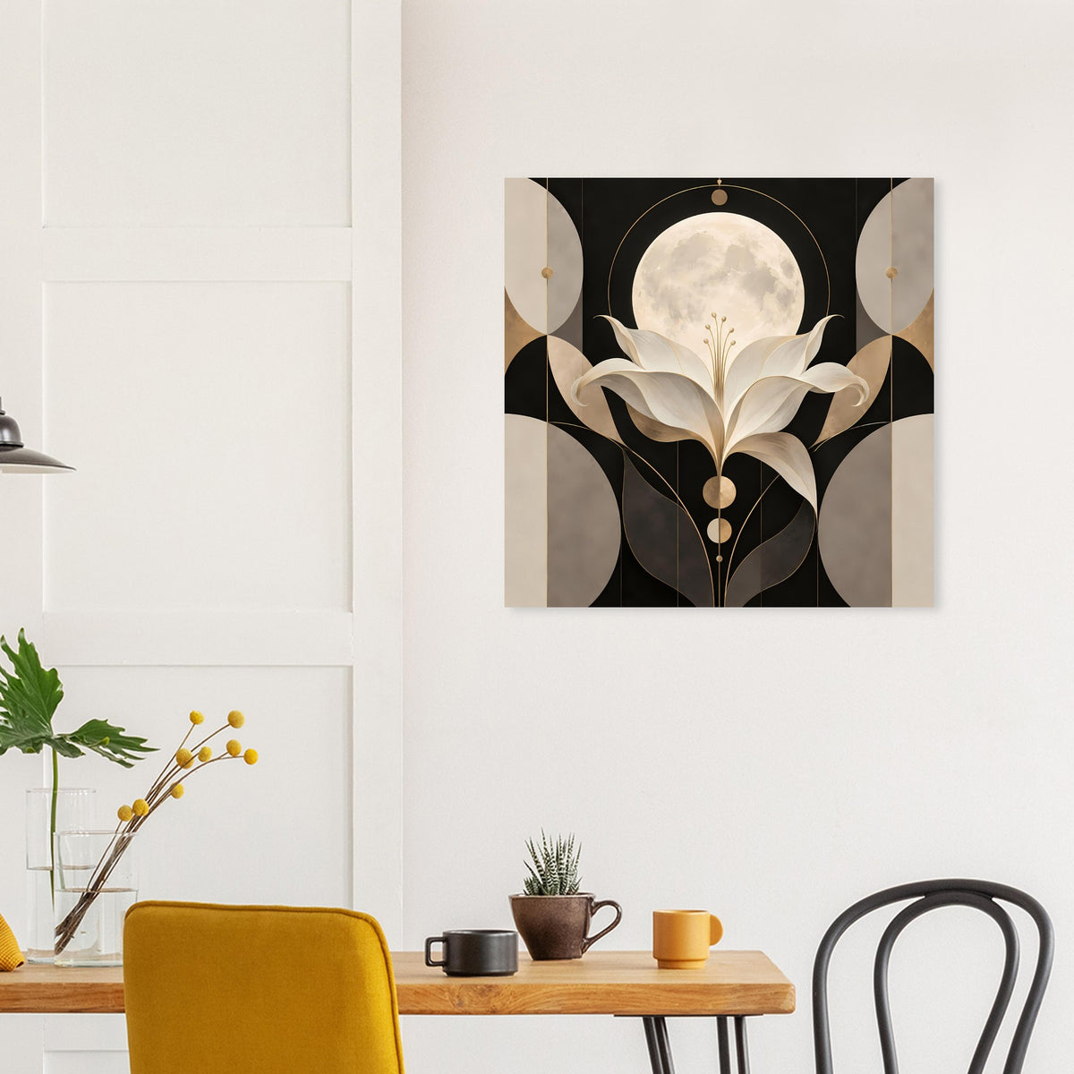 Art-déco-Poster mit Mondschein-Lilie, gold und creme, quadratisch