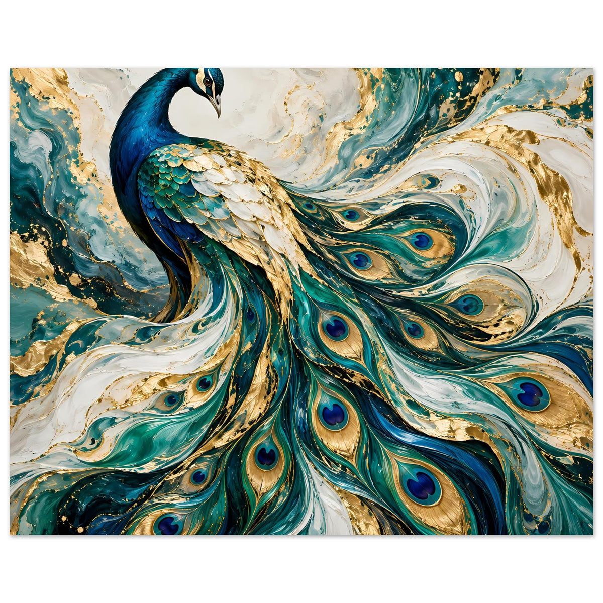 Pfau-Kunstposter, breiter Ausschnitt mit blauem Pfau und goldgelben Federwirbeln