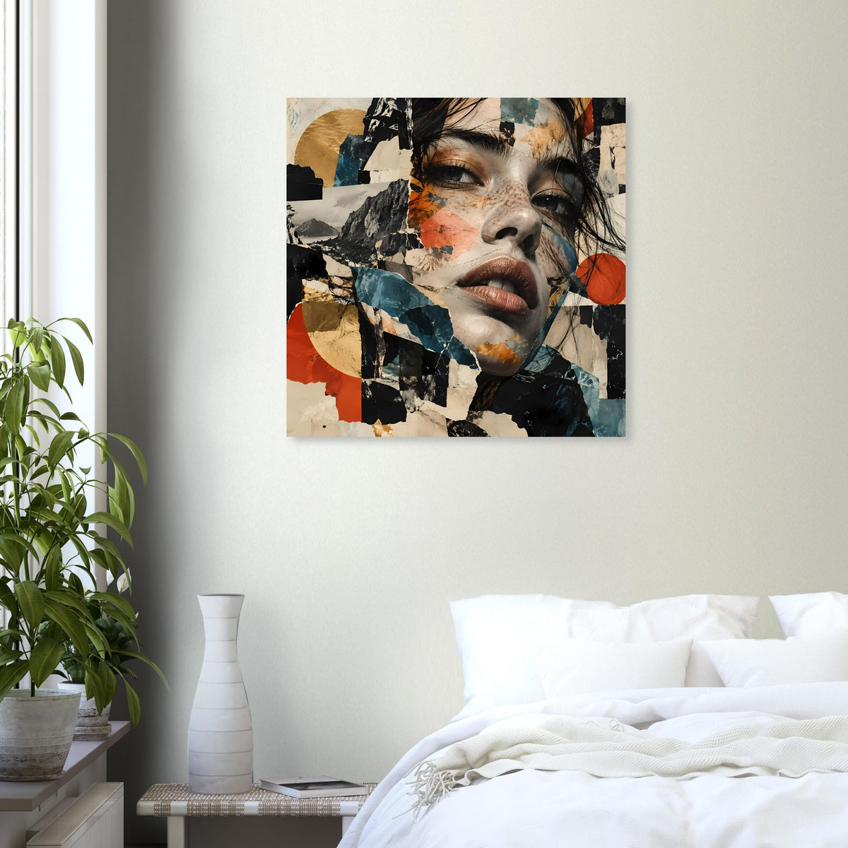 Quadratisches gerahmtes Wandposter mit abstrakter Porträtcollage in Terrakotta und Blau