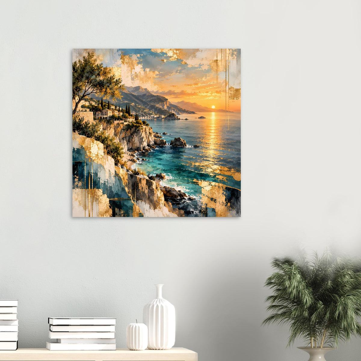 Kleines Poster: Sonnenuntergang an der Küste mit Felsen, türkisfarbenem Meer und orangefarbenem Himmel.